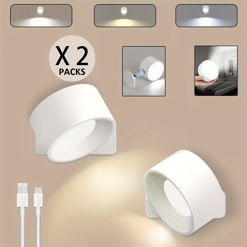 TEMU Set Of 2 Rechargeable Led Wall Lights, Featuring 3 Color Temperatures, Removable Charging, And 360° Rotation. Sconces Are Perfect For Reading