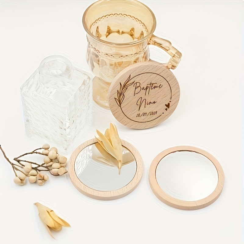 TEMU Espejo de bolsillo de madera personalizado, texto y personalizados - Elegante diseño floral, de madera natural, recuerdo portátil, ideal para