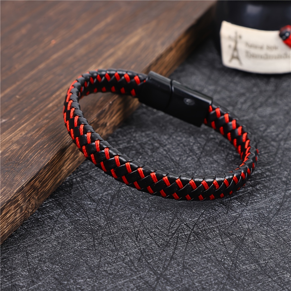E-shop 1 Stück Herren Magnetisches PU-Leder Geflochtenes Armband – Auffälliges Rot-Schwarzes Design, Langlebiges Accessoire für Casual & Formelle
