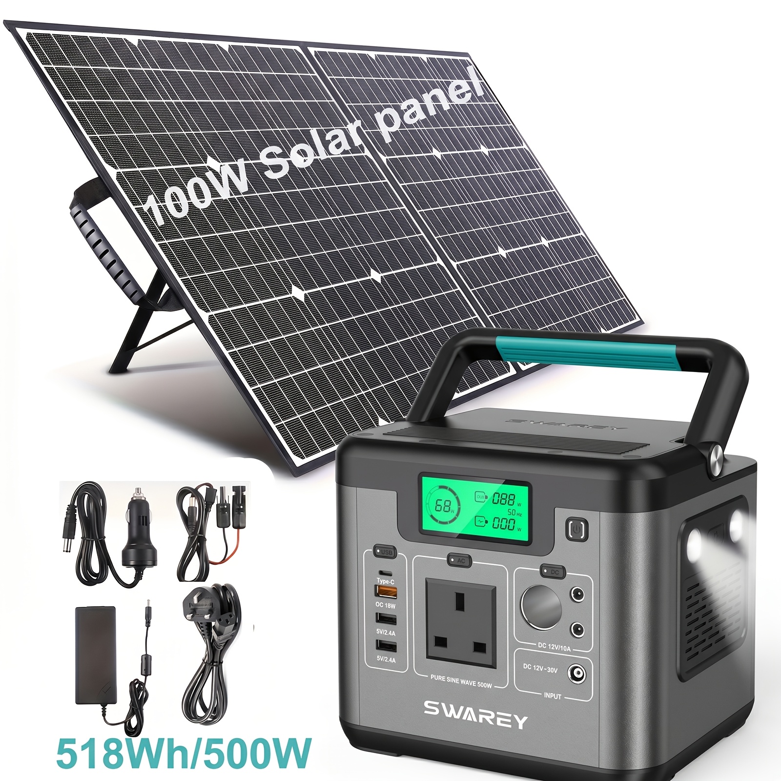 TEMU Swarey 518wh Portable Power Station With 100w Solar Panel, Lighter And Smaller Solar Generator, Ac Outputs/pure Sine Wave, Emergency Generator