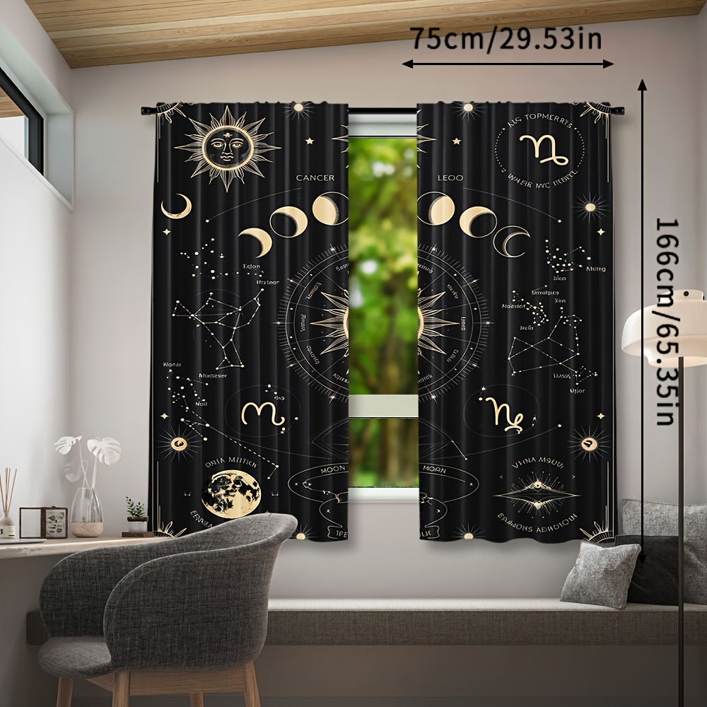 TEMU 2pcs Rideaux Astrologie Zodiac & Croissant - Design Gothique, Draperies en Polyester pour Chambre, Salon, Bureau - Décoration Maison Lavable en