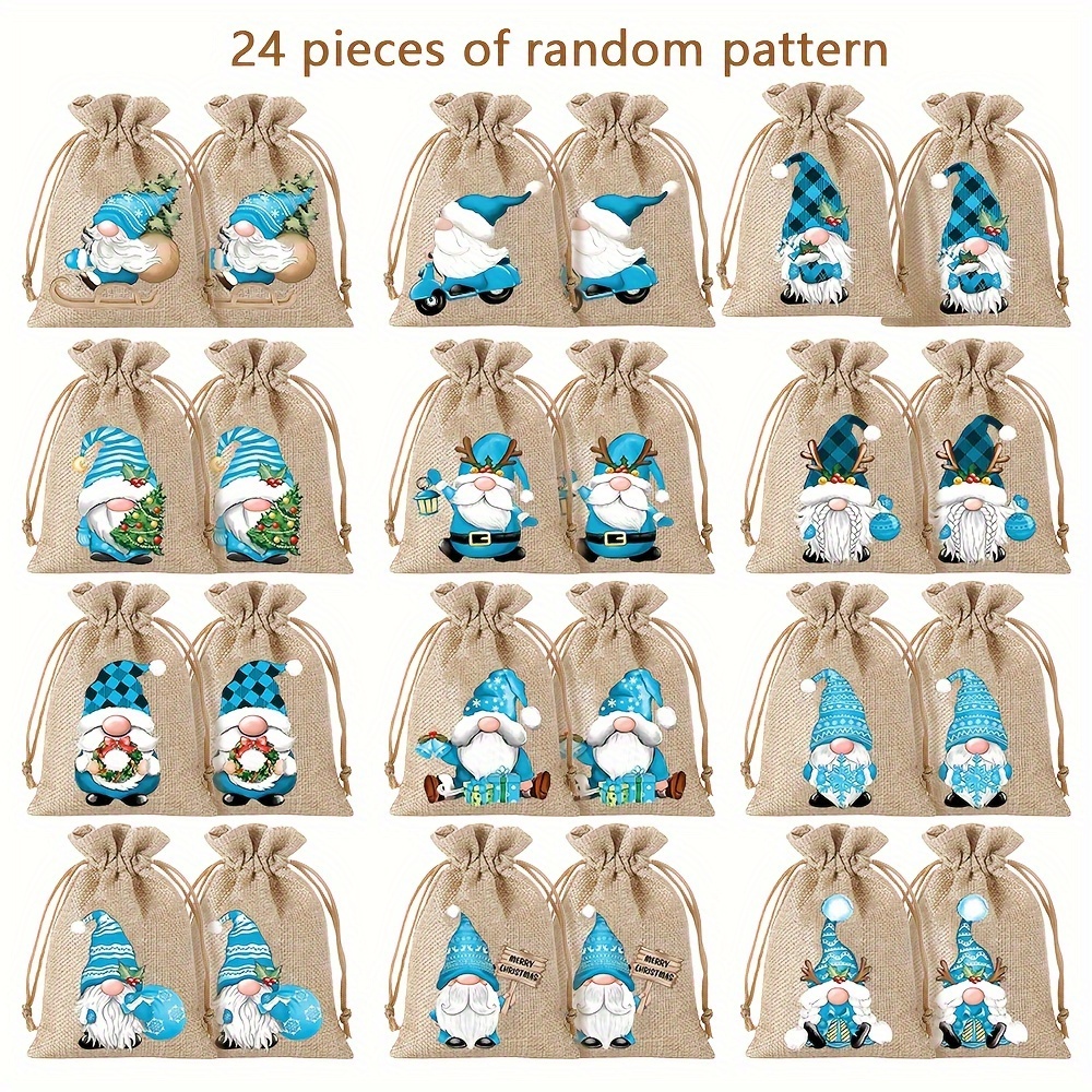 Image of 12/24pcs Reusable Linen Christmas Gift Bags With Drawstring Closure & 12 Random Gnome Designs - Pouches Suitable For Holiday Packaging, Birthdays, Weddings, Showers