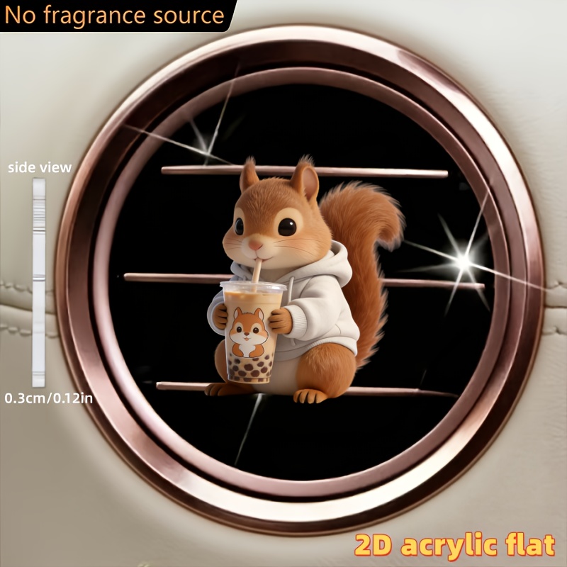 TEMU 2d Flat, 1pc Cute Squirrel Drinking Milk Tea Car Vent Clip Decoration, "unscented", With Dual Unscented Sponge Sheets, Fragrance , Acrylic