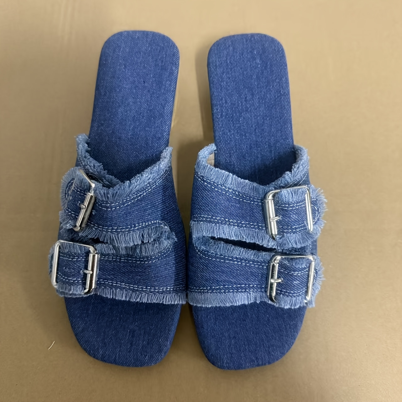 TEMU Ladies' Slide Sandals With Fringe And , Square-toed Low Block Heel Mules, Casual Footwear For Summer Beach, Women Shoes