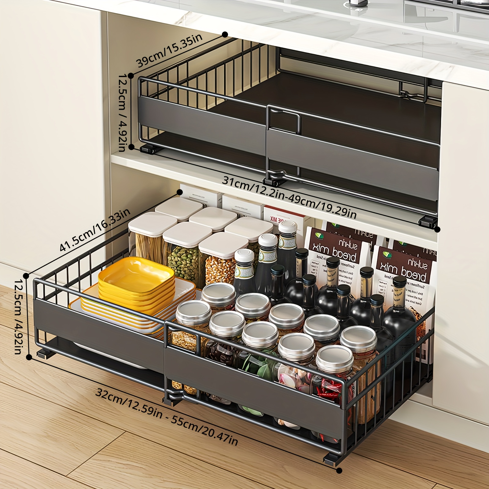 2pcs Pull Out Kitchen Organizers And Storage Cabinet Organizer, Expandable Pull Out Drawers For Cabinets, Upgrade 3 Slide Rails Adhesive With Film No Drill, Adjustable Width, Black And White
