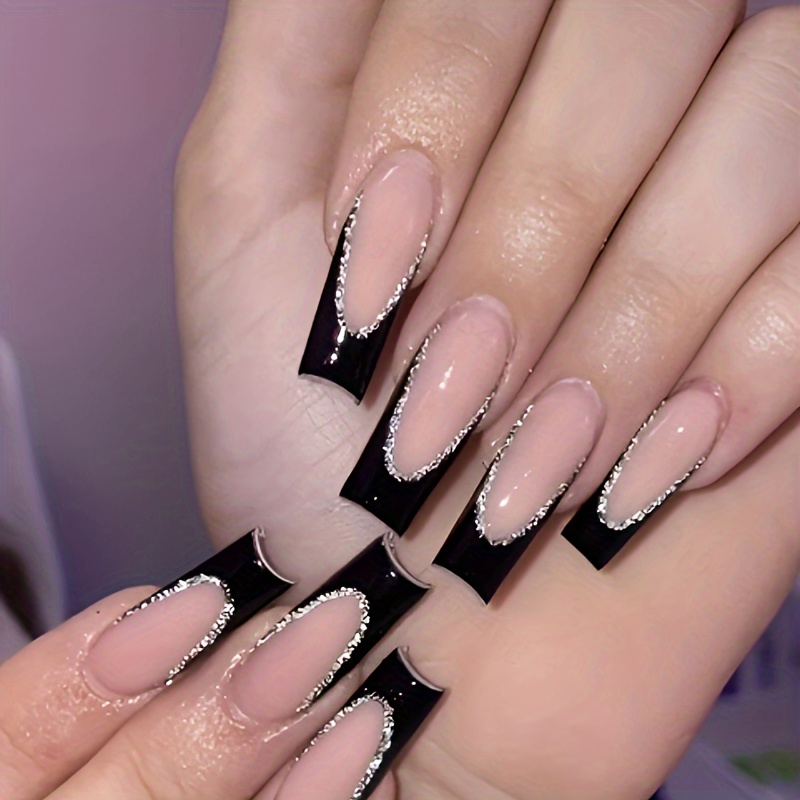 

Elevate Your Style Instantly With A Set Of 24pcs Long Bamboo Tube Water Pipe Nail Stickers In Black With Silvery Powder Edges, Providing Full Coverage French Manicure For Women & Girls.