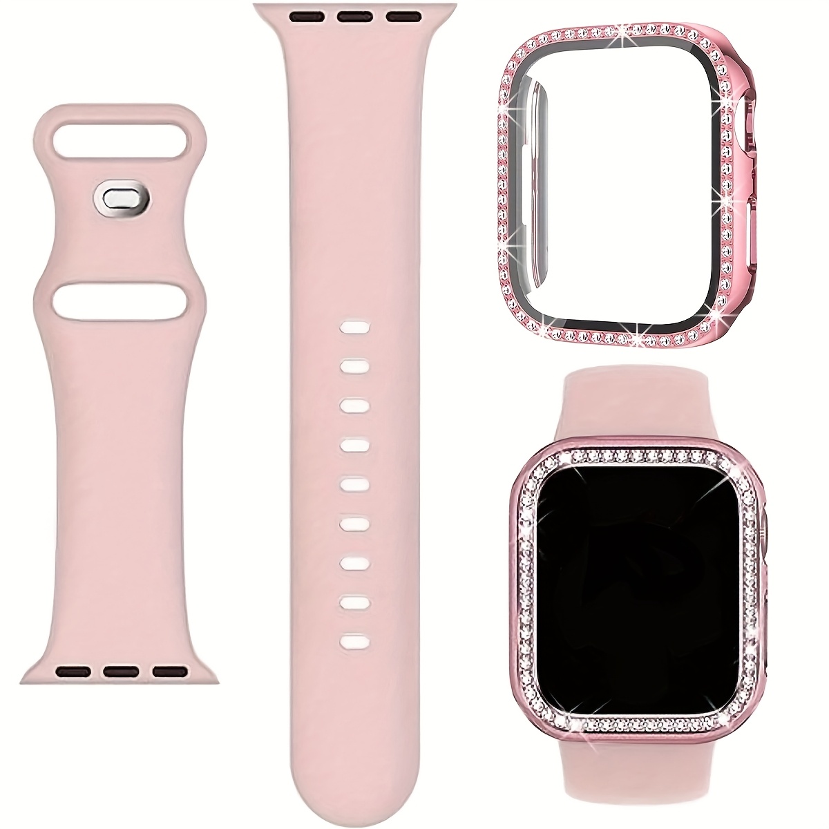 TEMU 2pcs/set Classics Soft Comfortable Adjustable Silicone Sport Watch Strap And Rhinestone Decor Anti-fall 2 In 1 Ultra-thin Screen Protector Watch