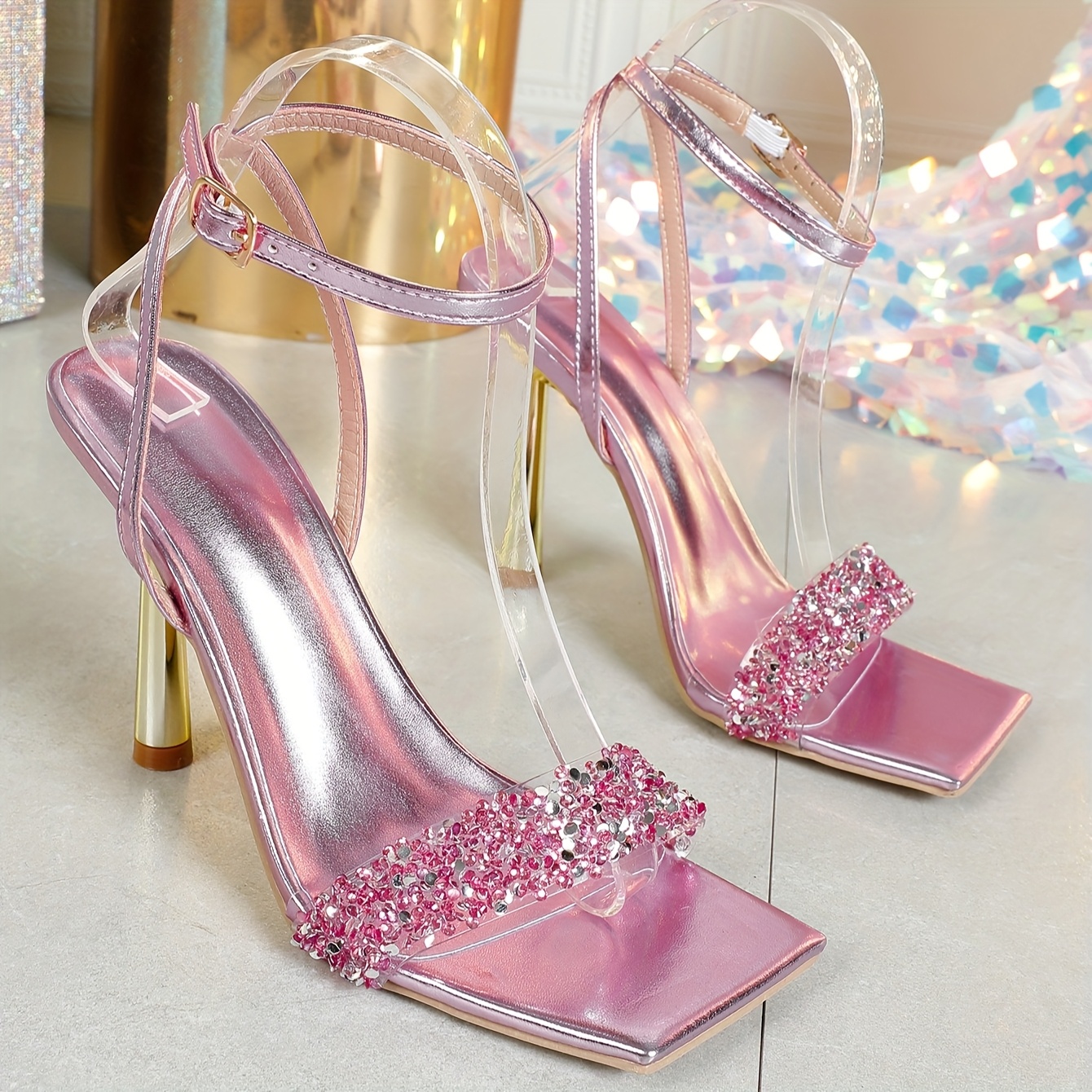 womens pink stiletto heels ankle strap square toe Temu Ireland