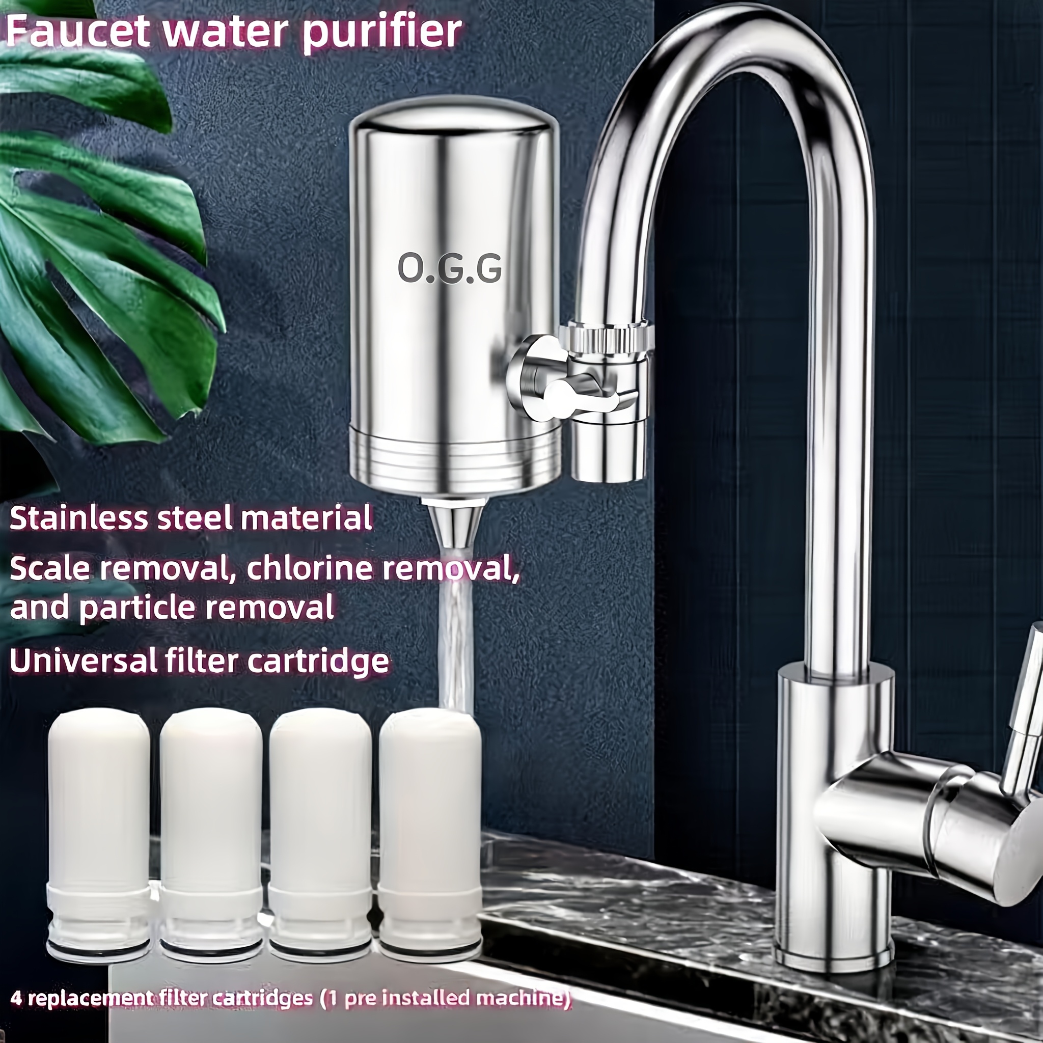 Stainless Steel Faucet Water Filter With 4 Replaceable Cartridges, Long- And Accessories For Most Taps – Dramatically Improves Water Quality