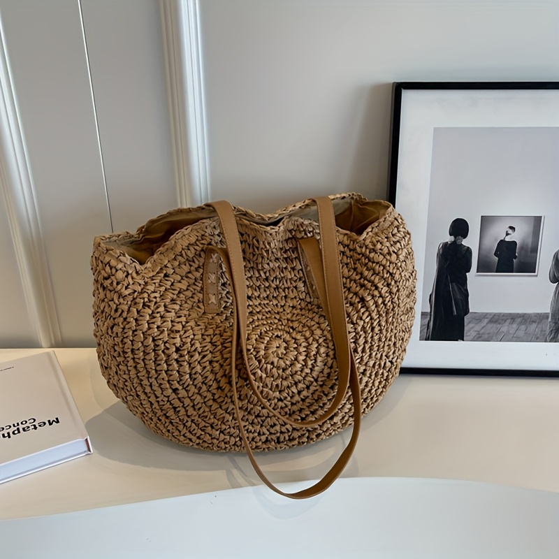 TEMU Borsa Tote in Paglia a con Fiori Traforati, a Maglia, Grande e Morbida, Borsa a Spalla per Shopping