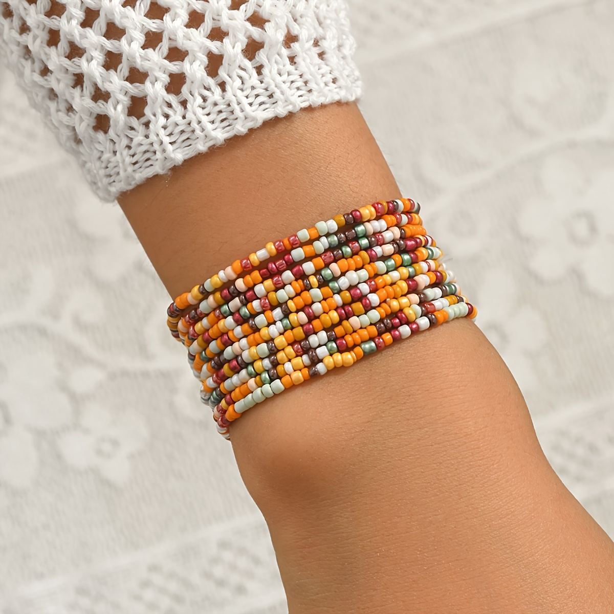 TEMU 10pcs Bohemian Style Colorful Seed Bead Bracelet Set, Y2k Creative Stacking Contrast Color Stretch Seed Bead Bracelets, Women's Fashionable And