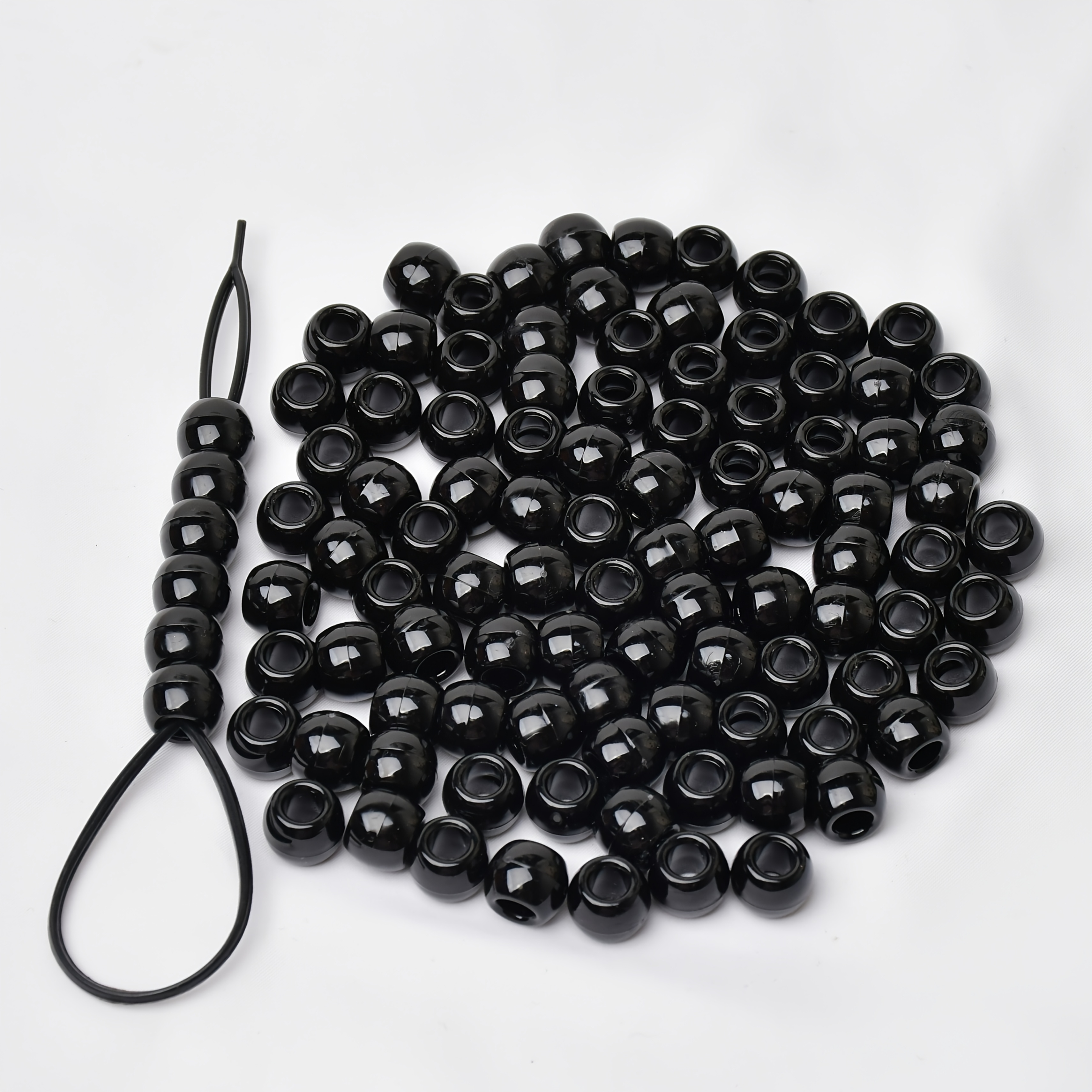 Image of 100pcs Hair Beads 10×12mm Pony Beads For Hair Braids, Plastic Beads With Large Hole For African Hair Bead Accessories, With A Pull Needle, Black Color, Beads & Bead Assortments