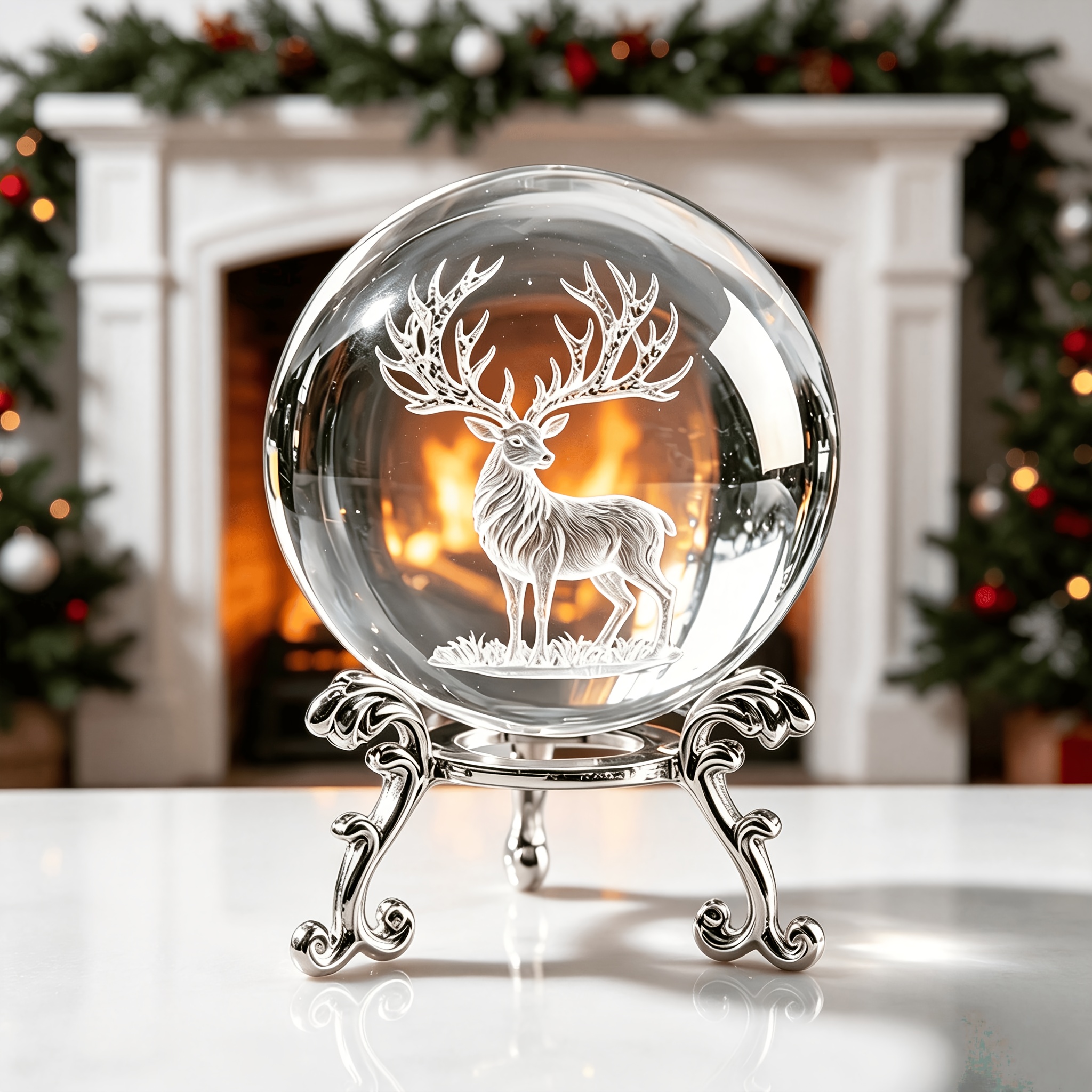 TEMU Bull Elk 3d Laser-engraved Crystal Ball Ornament With Silvery Engraved Metal Stand, " Peace" Meaning, Desktop Decoration, Housewarming And