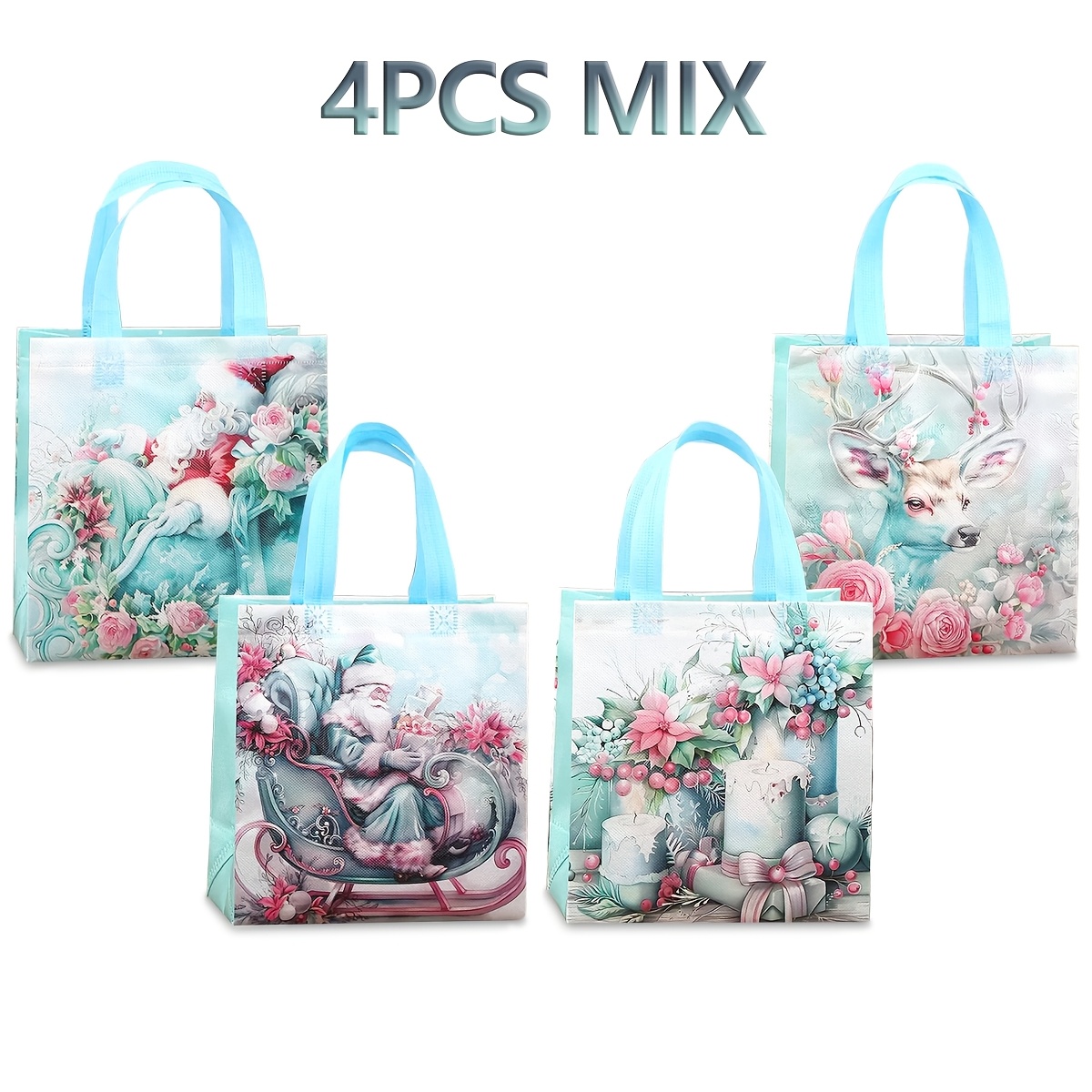 TEMU 4pcs Christmas Gift Packaging Bag, Featuring Santa Claus, Reindeer, And Floral Christmas Series Non-woven Gift Bag, Exquisite Green And White