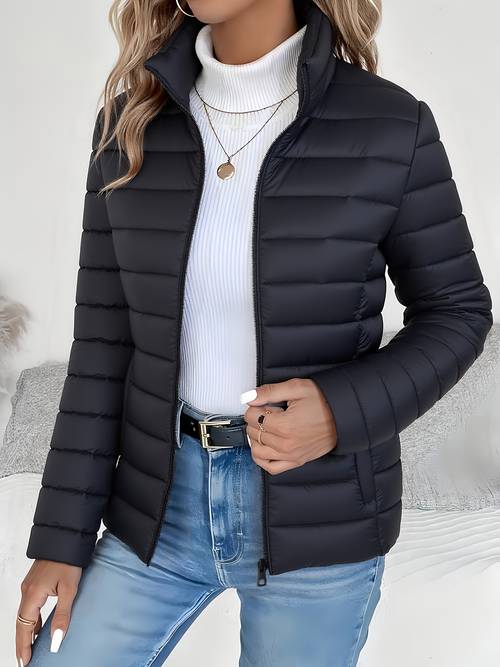 womens spring fit lightweight warm solid color jacket elegant stylish and versatile beautiful jacket stand collar zipper long sleeve casual padded polyester fiber cropped coat seasonal transition jacket high quality classic popular