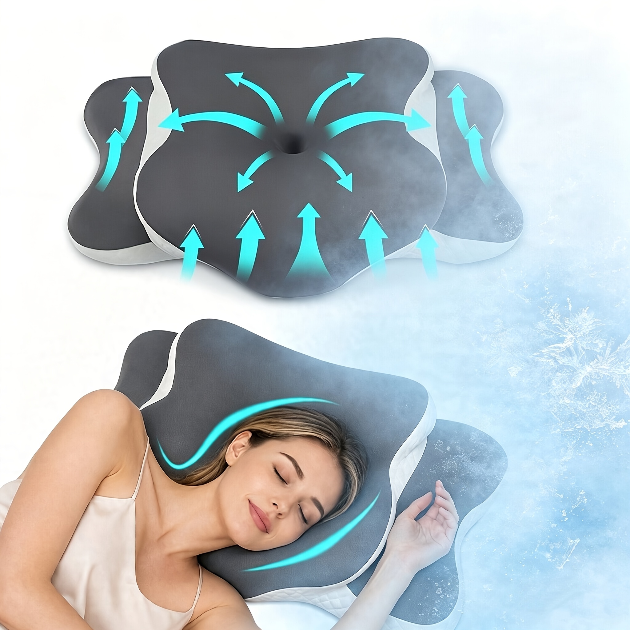 imagen del artículo almohada de   para el cuello con orejas  , adecuada para   las posiciones para dormir - una almohada   los estilos de sueño.   el cuello por detrás y   por   sin presionar los hombros. la superficie de la almohada ensanchada   un diseño