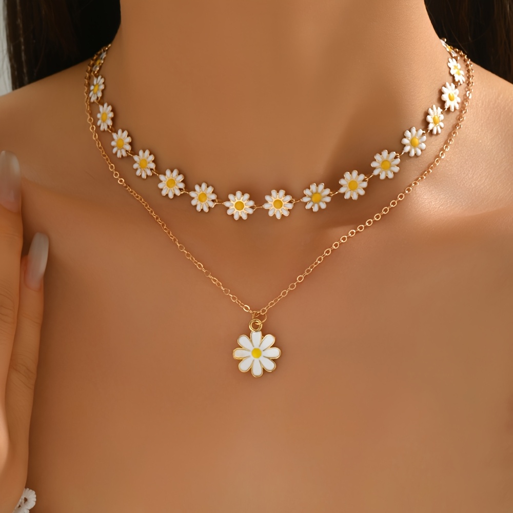 E-shop 1 Set mit 2 modischen Vintage-Gänseblümchen-Kettenanhänger-Sets – Weißer Blumenanhänger Doppelreihige Halskette, geeignet für Frauen zum