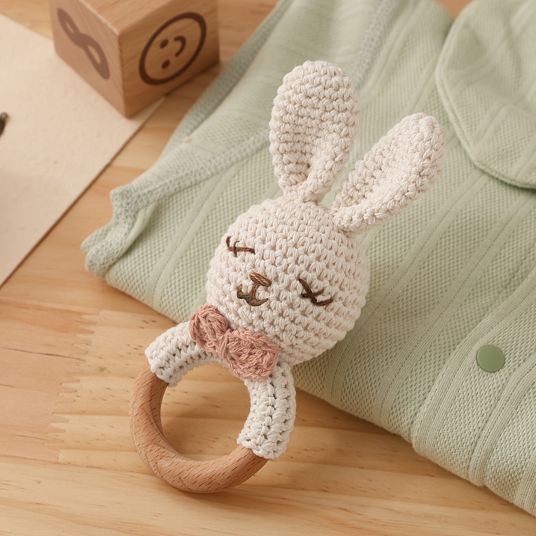 Hand-Knitted Bow Tie Bunny Rattle Toy for Infants