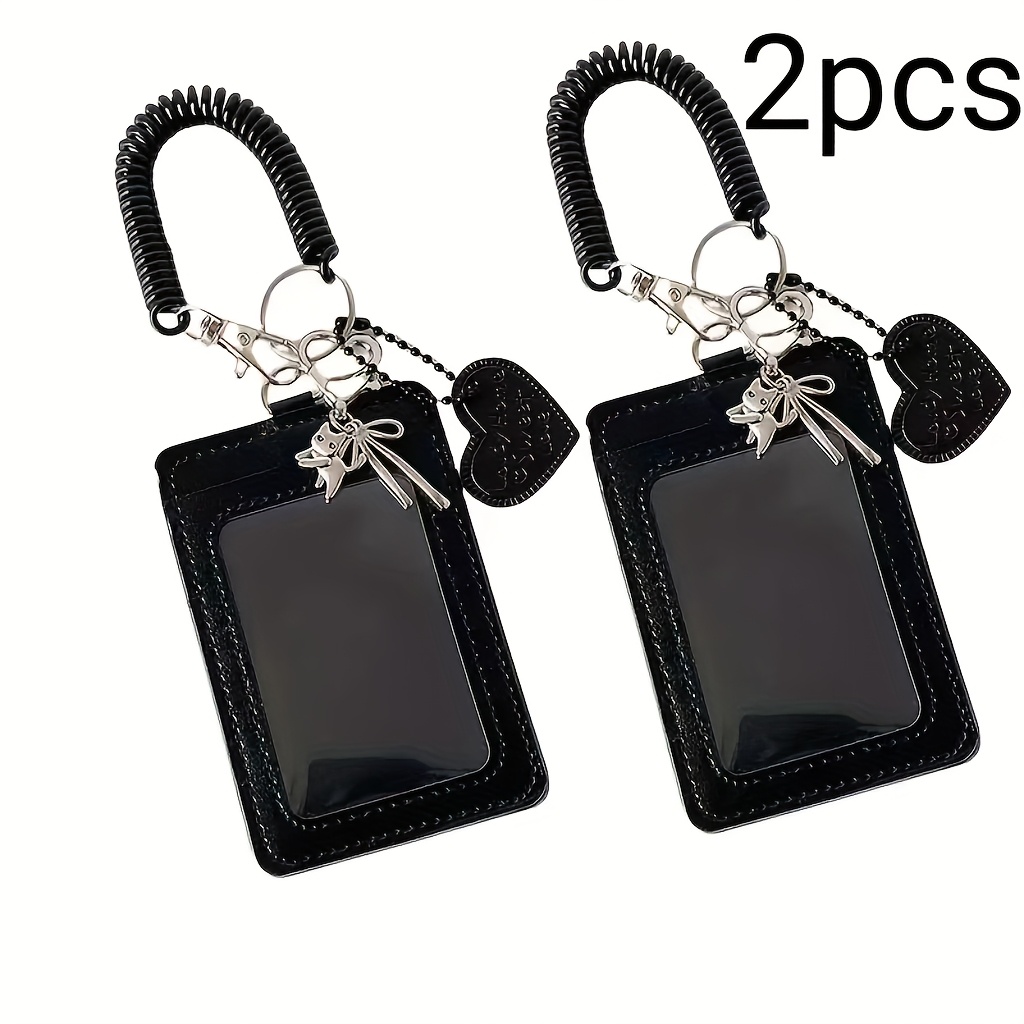 Black Synthetic Leather Student Id Holder Keychain With A Silvery Cat Scarf Pendant, Synthetic Leather Case, Kpop Style Photo Card Storage Box