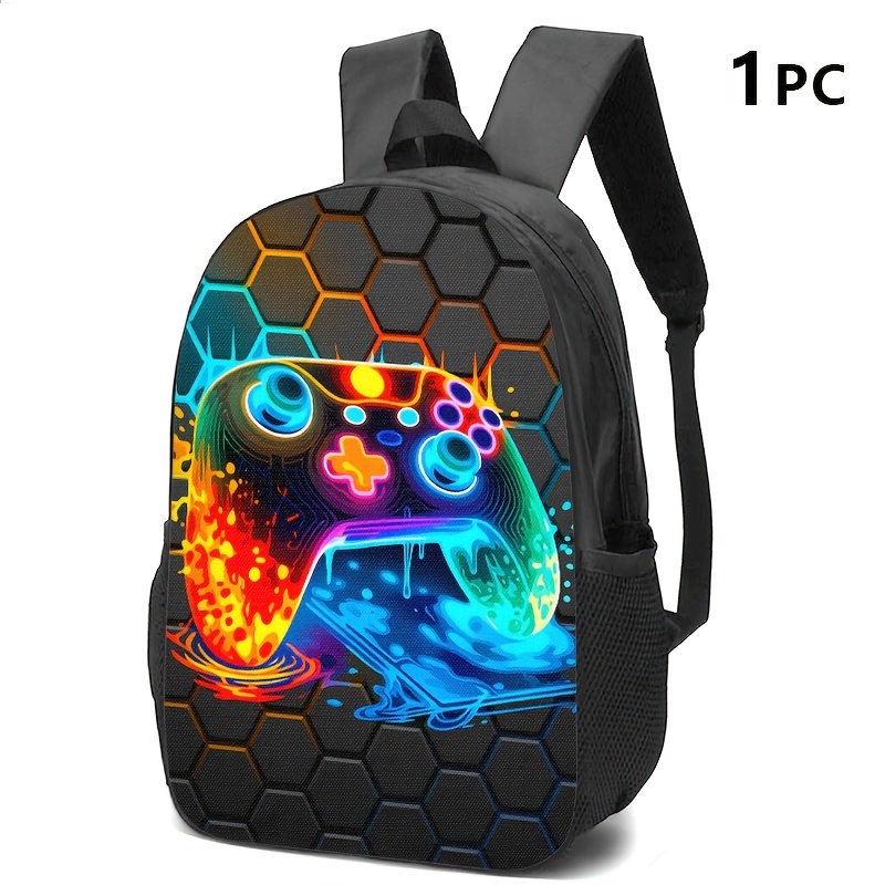 TEMU 1pc/2pcs/3pcs Backpack, Crossbody Bag, Storage Bag With Vibrant Gaming Controller & Hexagon Motif. Tech-inspired, For Users In Commuting,