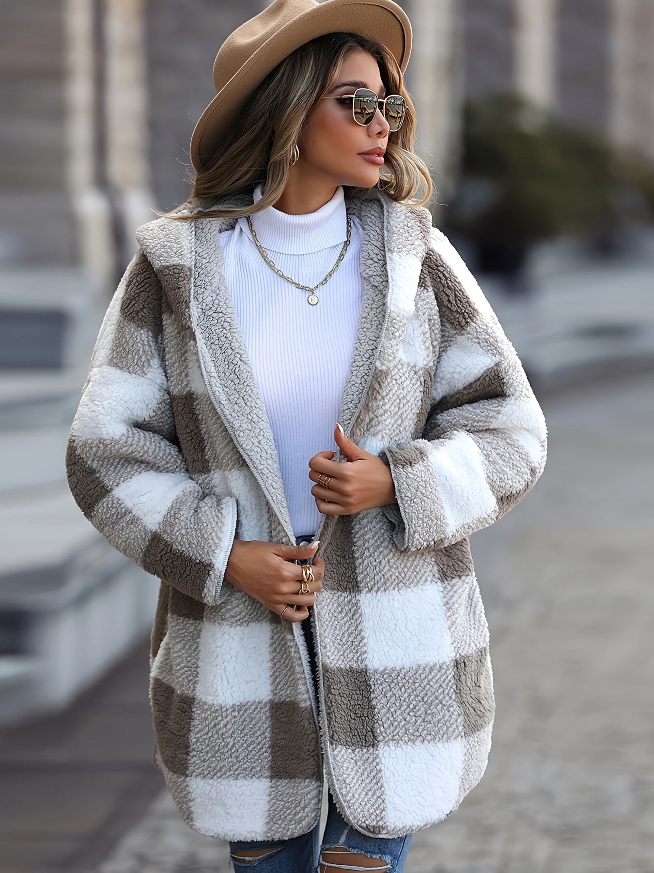 Women Fleece Hooded Jacket Coat Long Sleeve Sherpa Cardigan Jackets With  Pockets