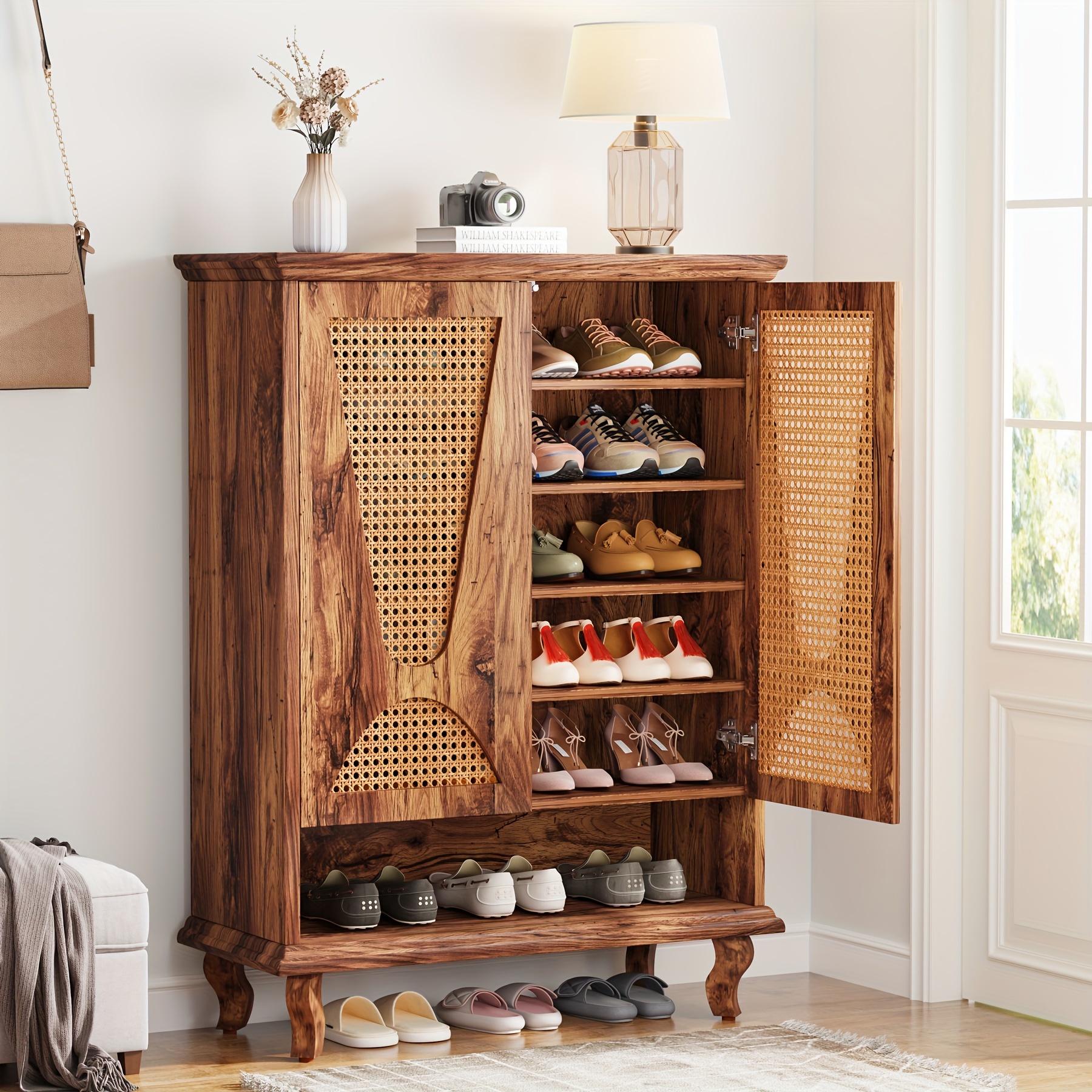 rattan entryway shoe cabinet tier large hidden shoe Temu