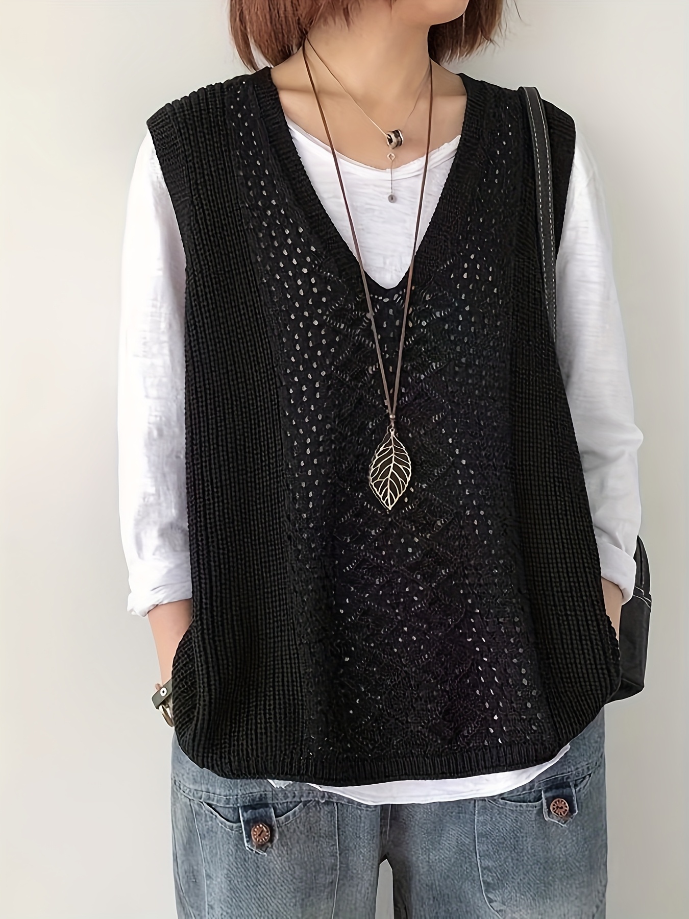 suitable for year round sleeveless casual fabric tops vintage style oversized sweater vest v neck plaid fashionable solid color coat