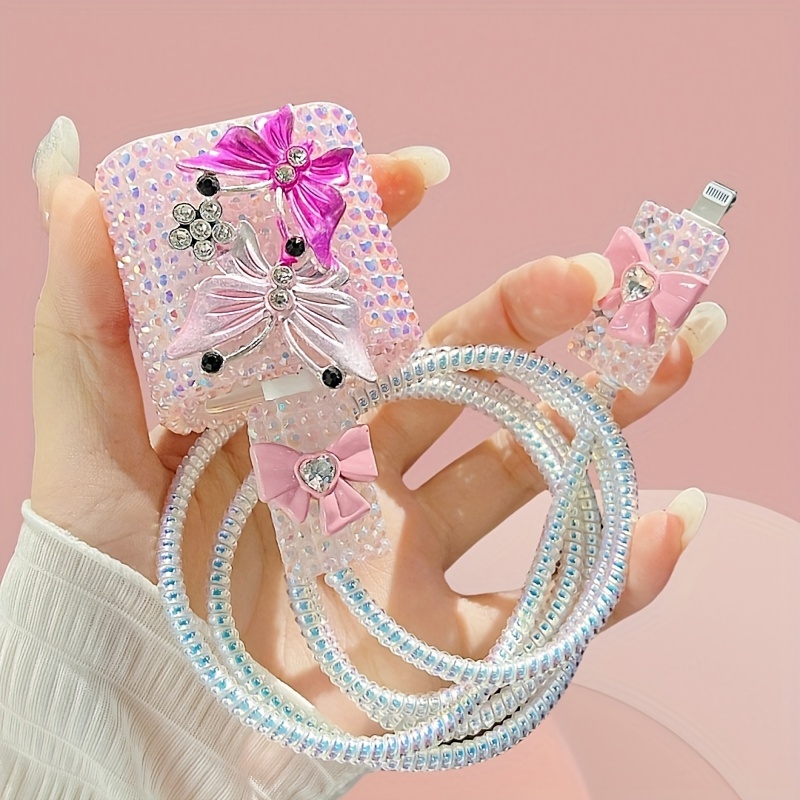 TEMU Shimmering Diamond And Butterfly Charger Case For ,  , Huawei, Xiaomi, Oppo - Fast Charging Cable Protector With Tpu Material