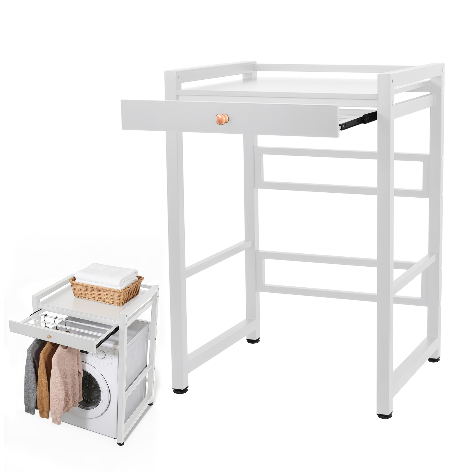 Image of 661 Lbs Washer Dryer Stacking Rack White Frame+white Board 28.74"x24.8"x40.55" Height Adjustable Metal Shelf Over Washer & Dryer Storage Tumble Dryer Stand With Pull-out Bracket For Bathroom, Shelves
