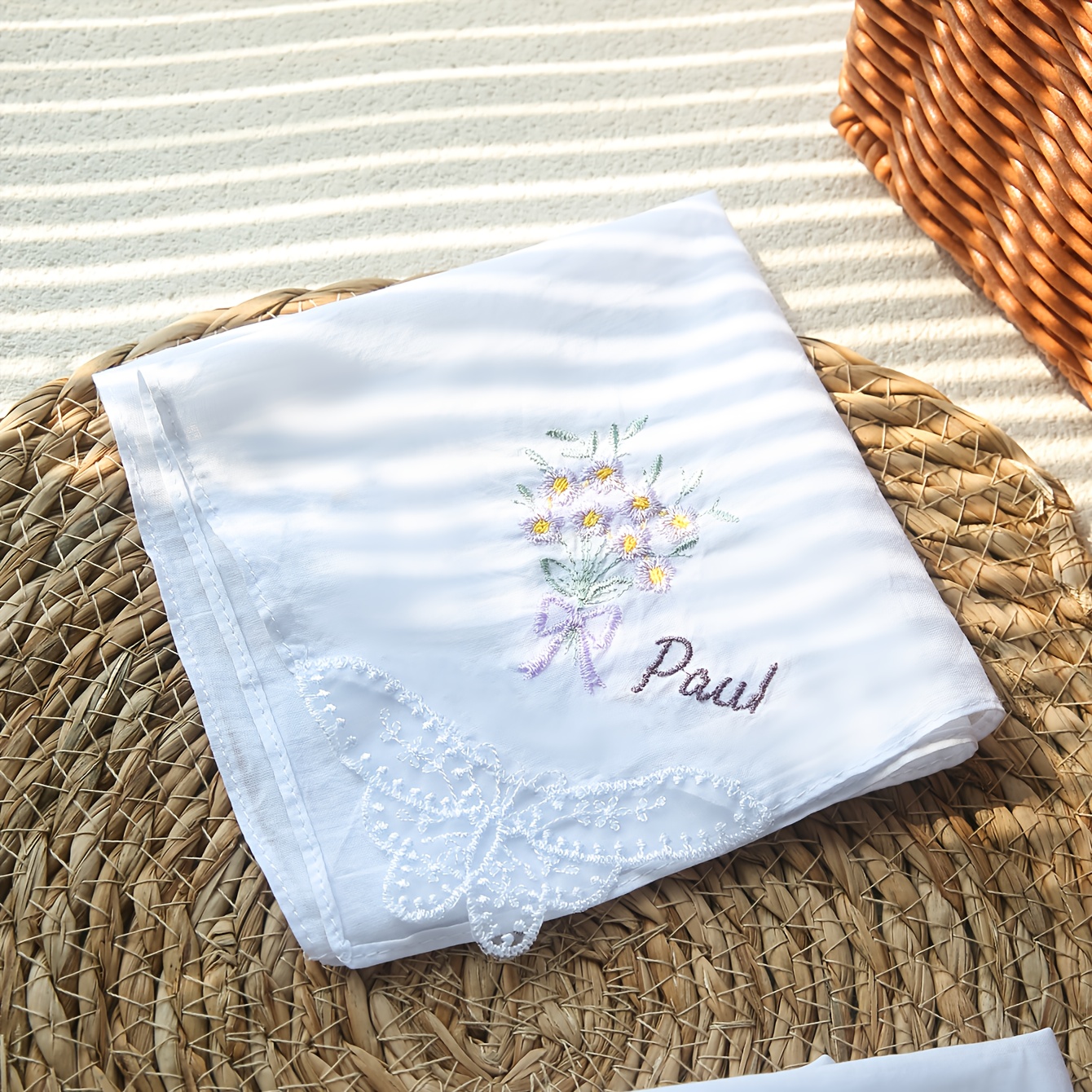TEMU Personalized Embroidered Handkerchief With Custom Names Customize Elegant Floral Lace Trim Hankie With Name Initials Custom Wedding Embroidery