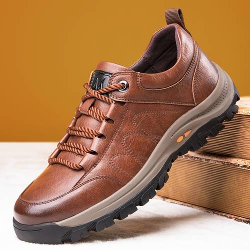 mens vintage minimalist hiking boots solid color comfortable wear resistant non slip with lace slip on closure low top pu upper fabric inner rubber sole for hiking outdoor activities