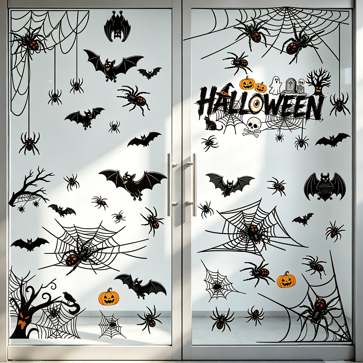 Image of 4 Sheets 49pcs Halloween Static Cling Window Stickers, Bat Web Pumpkin Silhouette, Reusable Adhesive-free Glass Decor For Home Party