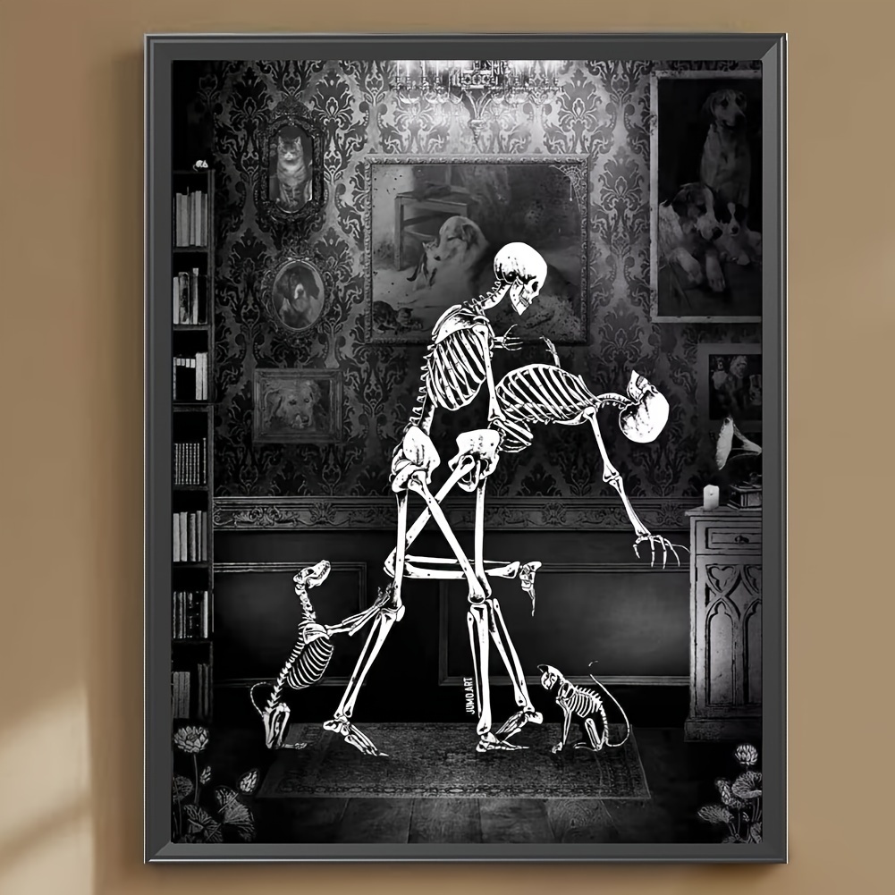 

Skeleton Embrace 5d Diy Diamond Painting Kit Round Canvas Embroidery Art Decor Gift, Abstract Skeleton With Dog Mosaic Stitch Set For Beginners, 30x40cm