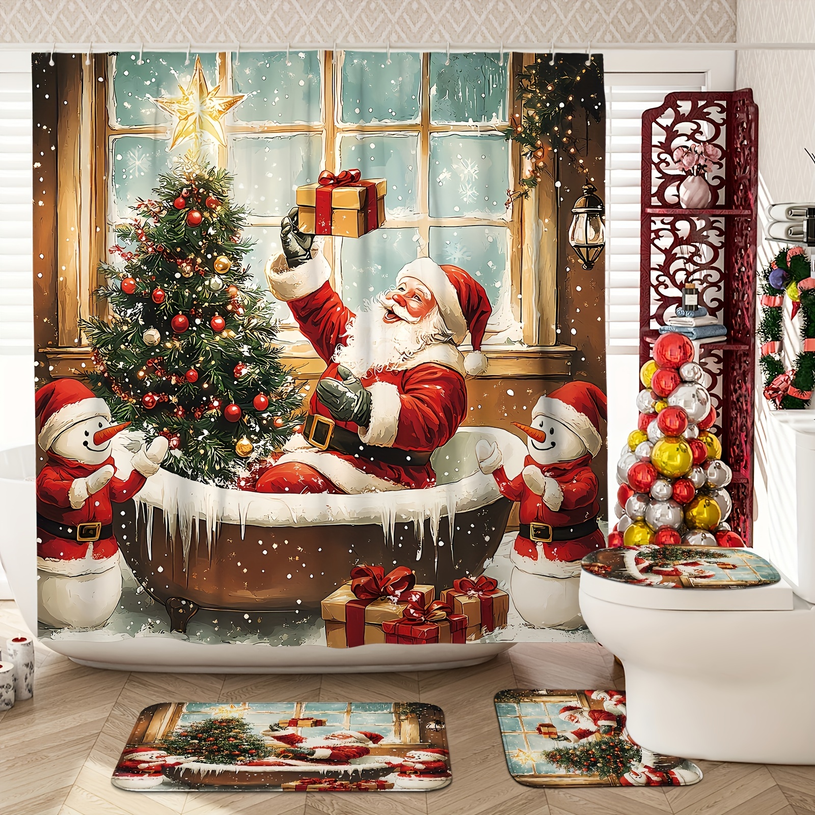 

1/4pcs Christmas Bathroom Set - Polyester Shower Curtain, Rugs, Lid , And U-shaped Mat - , To , And - 71" X 71" Curtain