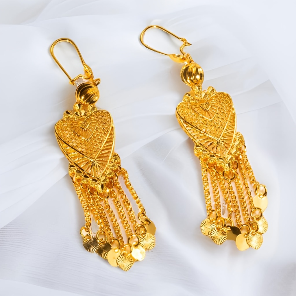 

24k Golden-plated Arabian Style Heart Tassel Earrings - Vintage Ladies' Dangle Jewelry With Intricate Leaf Design, Casual Attire & Celebrations