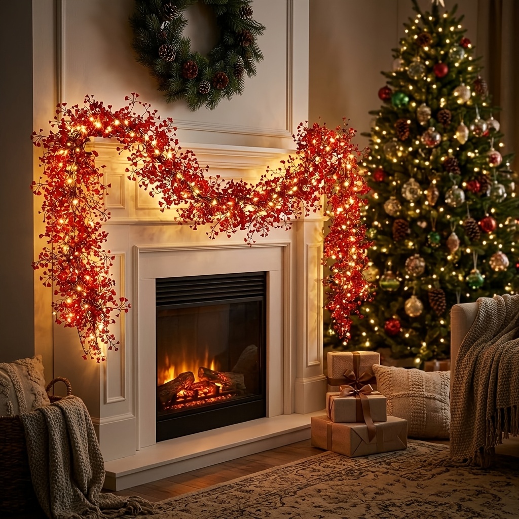 TEMU 2pcs (led Light 200cm Pre-lit Christmas Garland), Artificial Vine With Warm Led Fairy Lights, Flexible Holiday Greenery Garland, Indoor Door