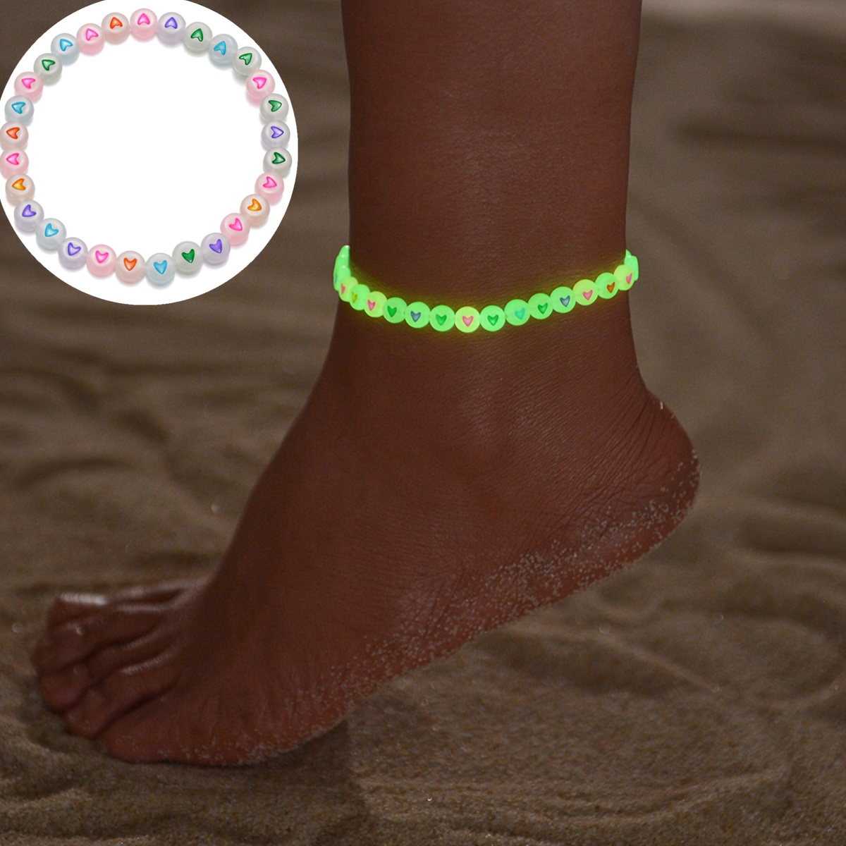 Vacation Beach Style Colorful Resin Love Heart Luminous Women's Anklet