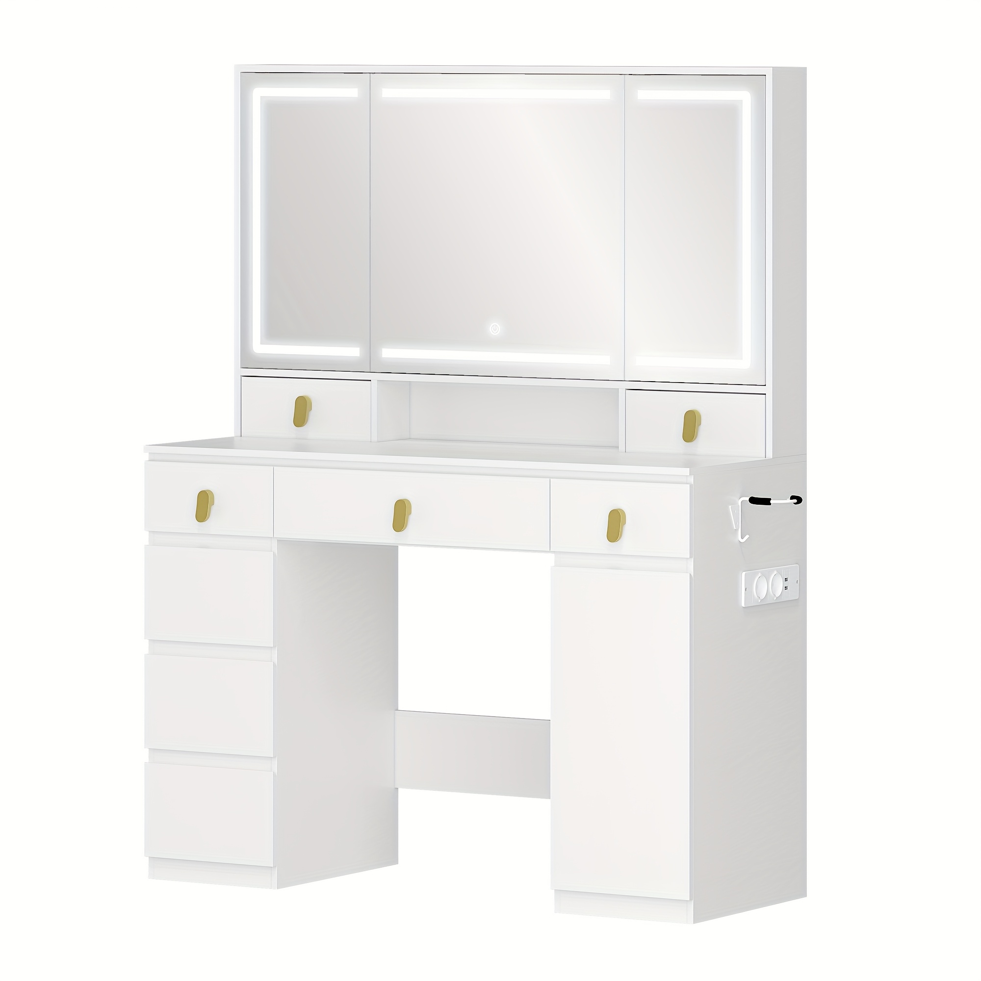 TEMU Tocador Grande con Espejo, Iluminación LED, Regleta y Soporte para Secador de Pelo, , Control de , 8 Cajones, 1 Compartimento de Almacenamiento
