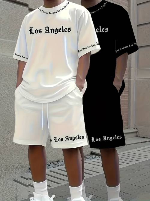 two sets of 2 mens casual t shirt short sleeved shorts suits los angeles word letter pattern white be short sleeved shorts casual sports suit breathable and soft summer clothing with drawstring shorts and pockets casual and comfortable wear