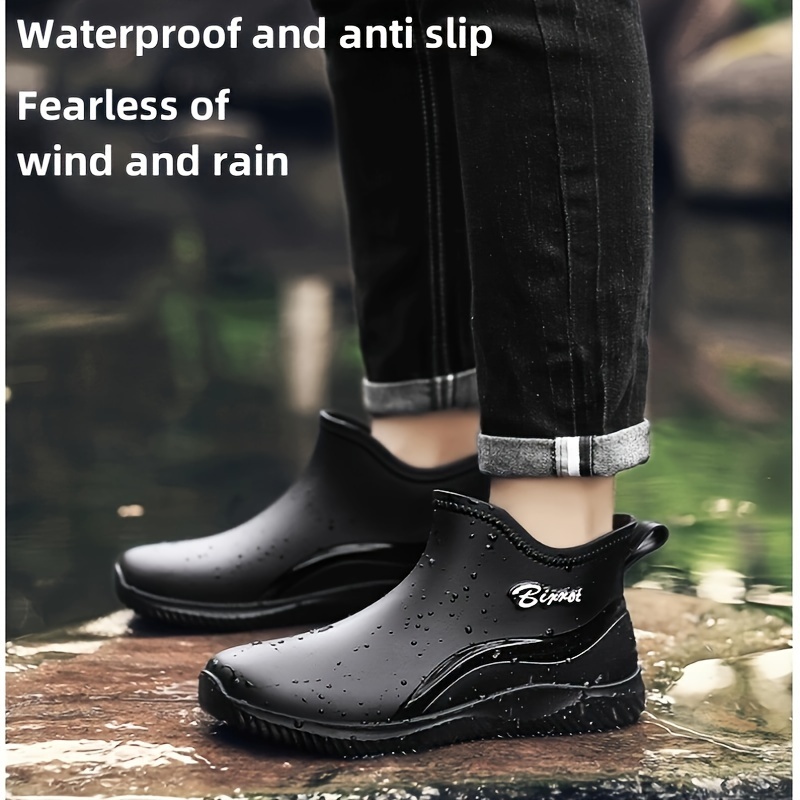 

Men's Solid Color Slip On Waterproof Rain Boots, Comfy Non Slip Durable Rubber Sole Water Shoes, Men's Functional Footwear