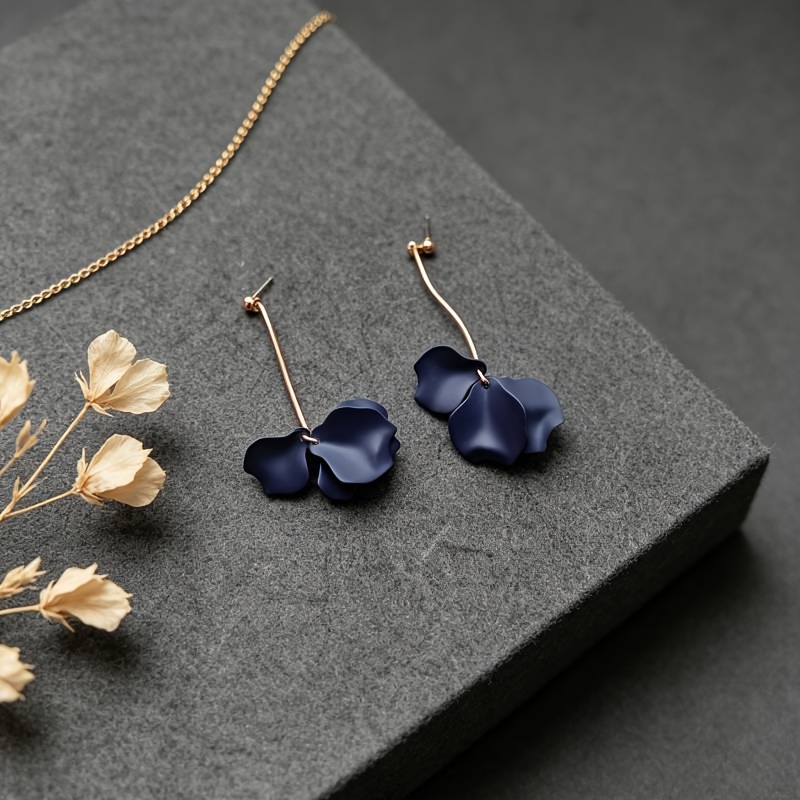Image of Matte Navy Blue Floral Drop Earrings, Hypoallergenic Stainless Steel Post, Chic Petal Style, Perfect For Parties & Casual Occasions