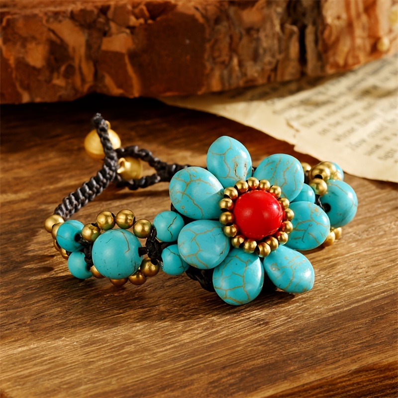 Adjustable Turquoise Flower Bracelet Vintage Inspired with Stone Beads