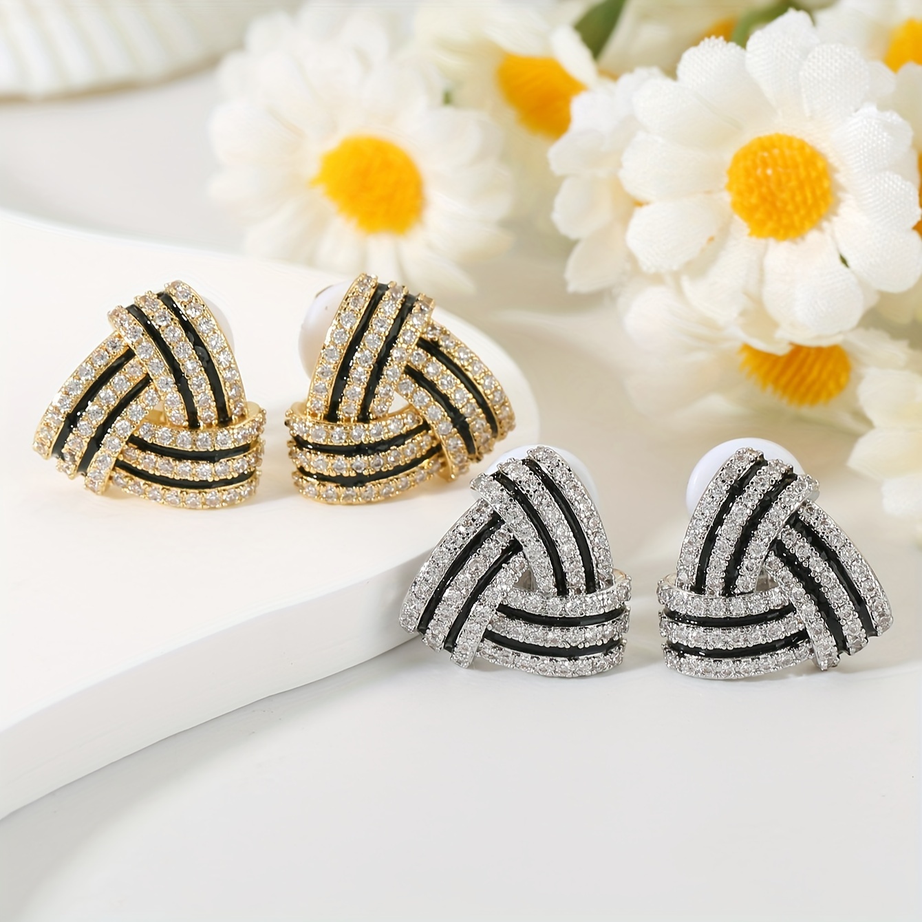 Triangular Clip-On Earrings Set with Synthetic Zirconia