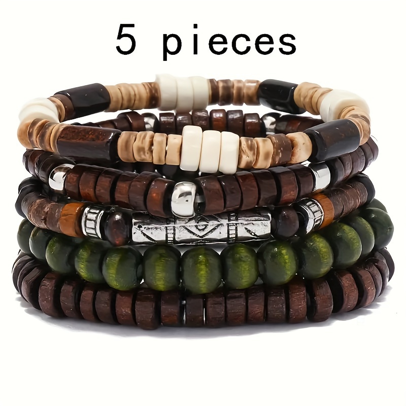 

Elegant 5-piece Set Vintage-inspired Chinese Design Wooden Beaded Bracelets For Men, Coconut Shell, Woven Bead Wristband Collection