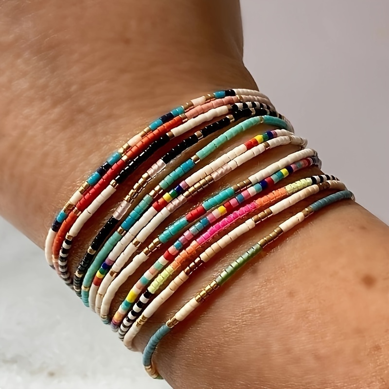 

Bohemian Handmade Beaded Stretch Bracelet Set, 8-piece Multi-layer Stackable Elastic Bead Bracelets, Versatile Party And Vacation Accessory, No Plating, All-season Friendly