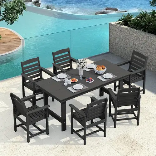 hdpe 7pcs plastic rectangle table standard height outdoor dining set in black