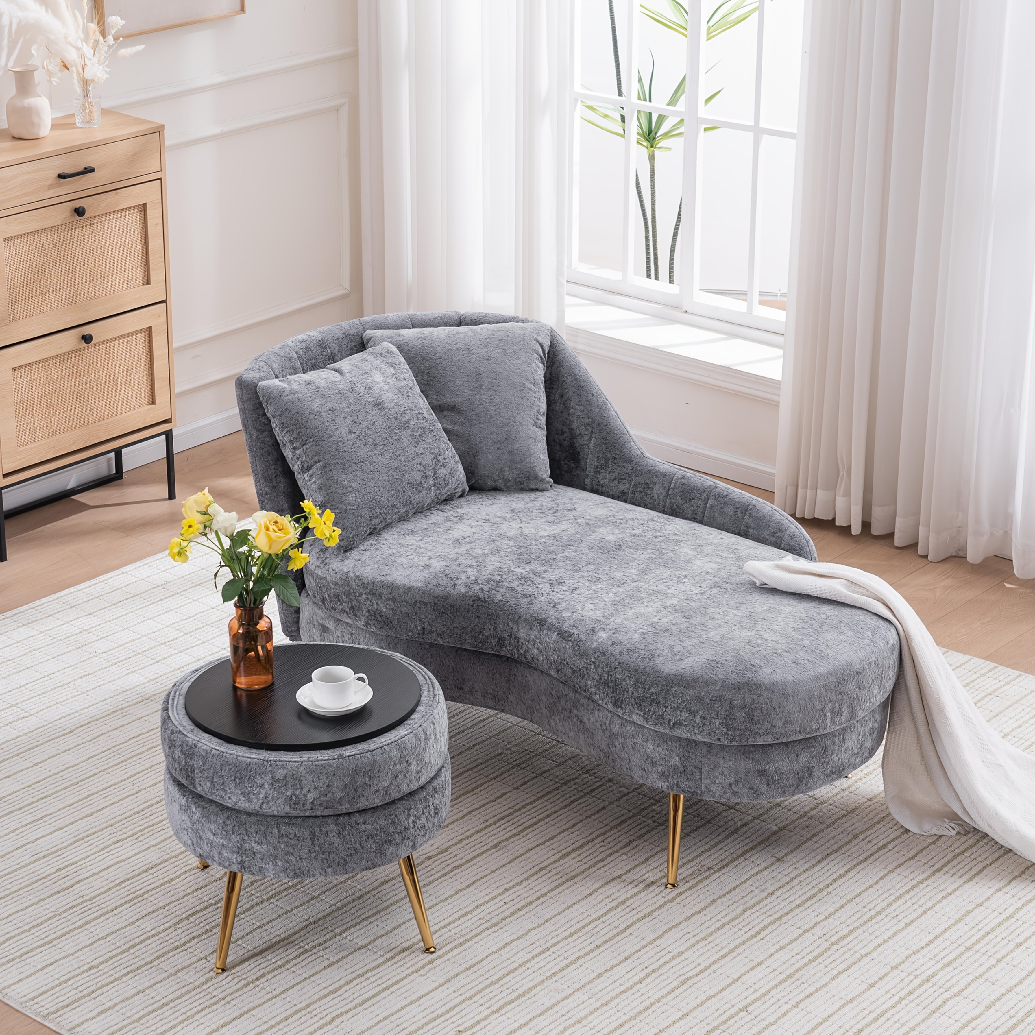 58'' Indoor Chenille Chair with Left Armrest And Lumbar Pillow Upholstered Furniture Lounge Chair, Lounge Sofa for Living Room Bedroom Office with Footstool.