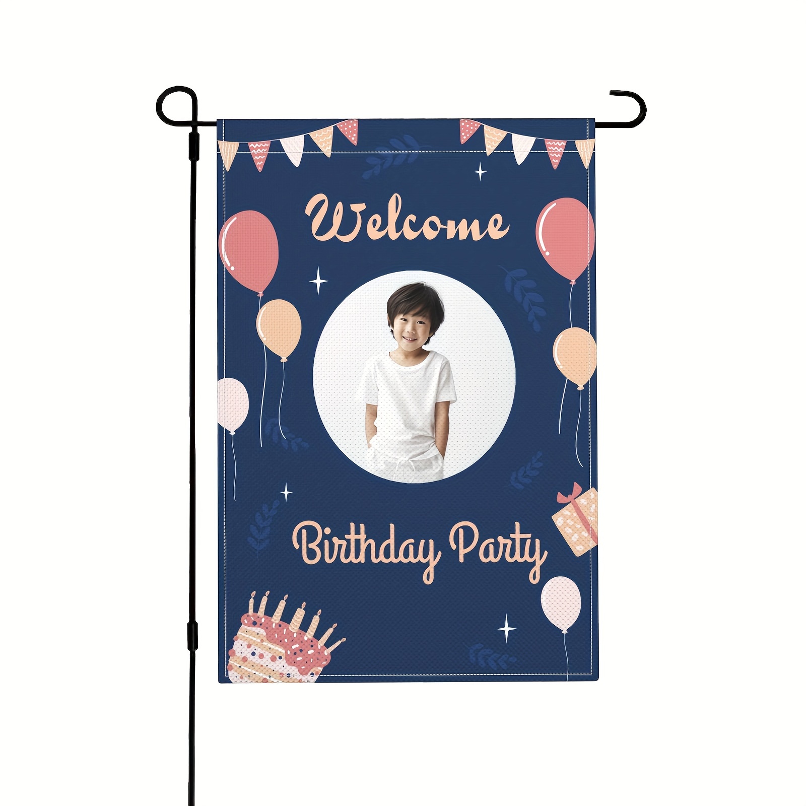 

1pc Happy Birthday Photo Gift Flag, Blue Custom Photo Flag Decoration, Personalized Garden Flag, Welcome Party Burlap Flag (no Metal Brace) 12×18 Inch