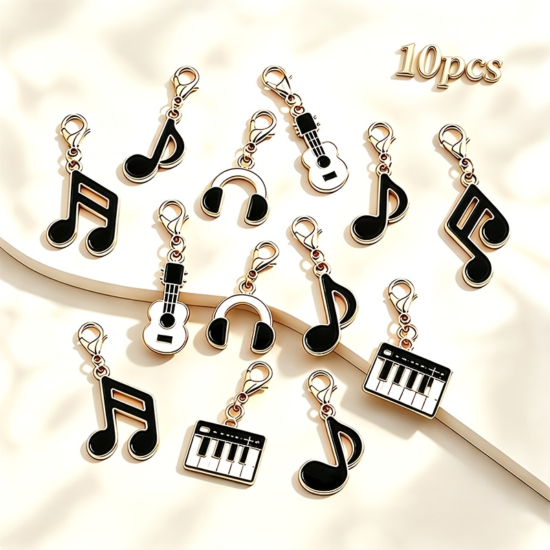 TEMU Set da 10 portachiavi assortiti con note musicali nere e dorate, chitarra, cuffie, , con moschettone a , portachiavi vintage a tema , per uso