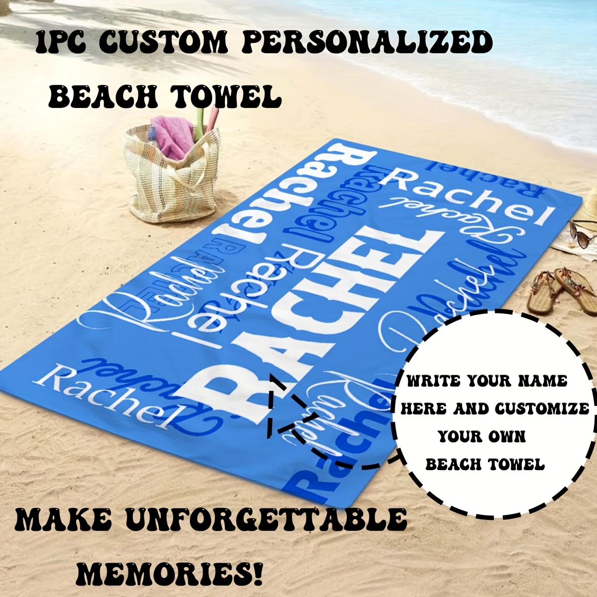 TEMU Customized 1pc Summer Honeymoon Personalized Name Gift - Meileti Letter Print Pattern Beach Towel For Valentine's Day, Spring, Easter, 's Day,